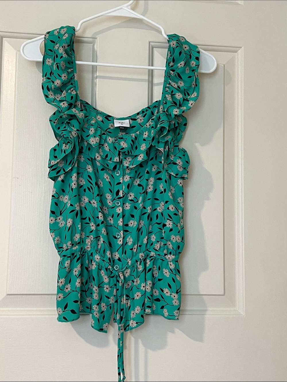 CAbi Teal Floral Ruffle Tie-Front Tank